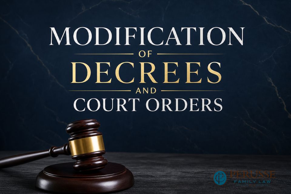 Illustration of a family law attorney guiding a client through the process of modifying court orders in Minnesota.