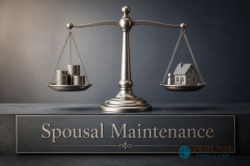 A lawyer and client discussing spousal maintenance documents at a table in a modern office.